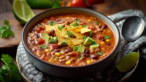 Eine Schale Taco-Suppe steht auf einem Küchentuch. Daneben liegt ein Löffel sowie ein Limettenstück. Im Hintergrund liegen weitere Limetten und Tomaten.