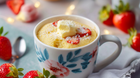Ein Tassen-Pfannkuchen auf einem hellen Untergrund in einer Tasse mit Blumen. Drumherum liegen Erdbeeren.