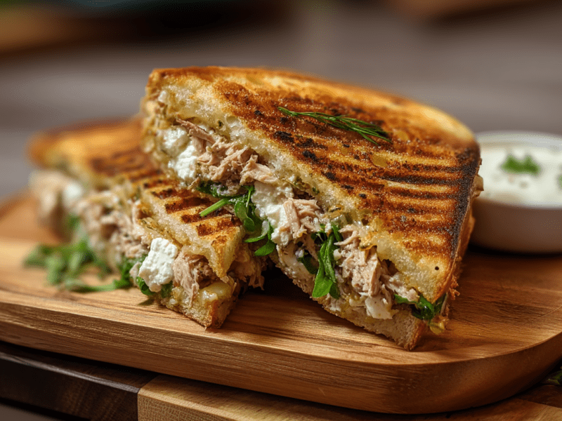 Zwei Thunfisch-Feta-Sandwiches liegen auf einem Holzbrett. Hinter ihnen steht eine kleine Schale mit Dip. Rechts neben dem Brett liegt etwas frischer Rucola.