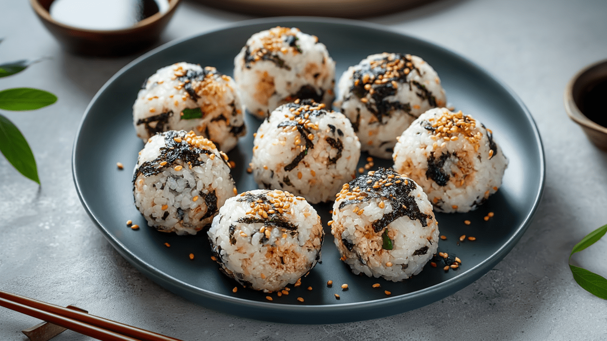 Ein Teller mit einigen Thunfisch-Reisbällchen. Außerdem sind im Bild ein Paar Stäbchen zu sehen und eine Schale mit Sojasoße.