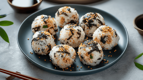 Ein Teller mit einigen Thunfisch-Reisbällchen. Außerdem sind im Bild ein Paar Stäbchen zu sehen und eine Schale mit Sojasoße.