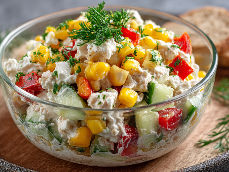 Eine Glasschüssel mit Thunfischsalat mit Hüttenkäse. Die Schüssel steht auf einem Holzteller. Es liegen auch ein paar Scheiben Brot auf dem Teller und einige frische Kräuter.
