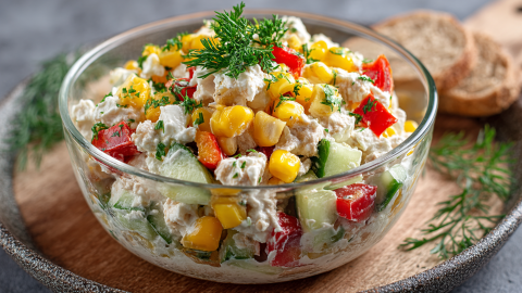 Eine Glasschüssel mit Thunfischsalat mit Hüttenkäse. Die Schüssel steht auf einem Holzteller. Es liegen auch ein paar Scheiben Brot auf dem Teller und einige frische Kräuter.