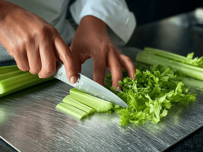 Ein Koch schneidet Sellerie auf einem Titan-Schneidebrett