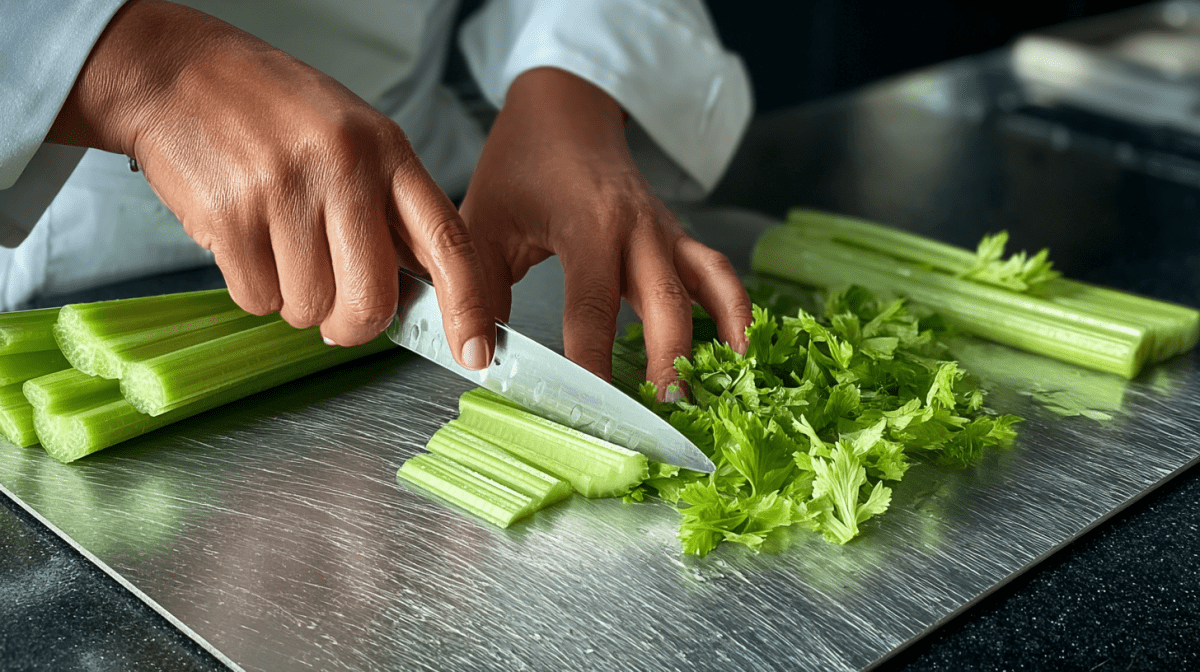 Ein Koch schneidet Sellerie auf einem Titan-Schneidebrett