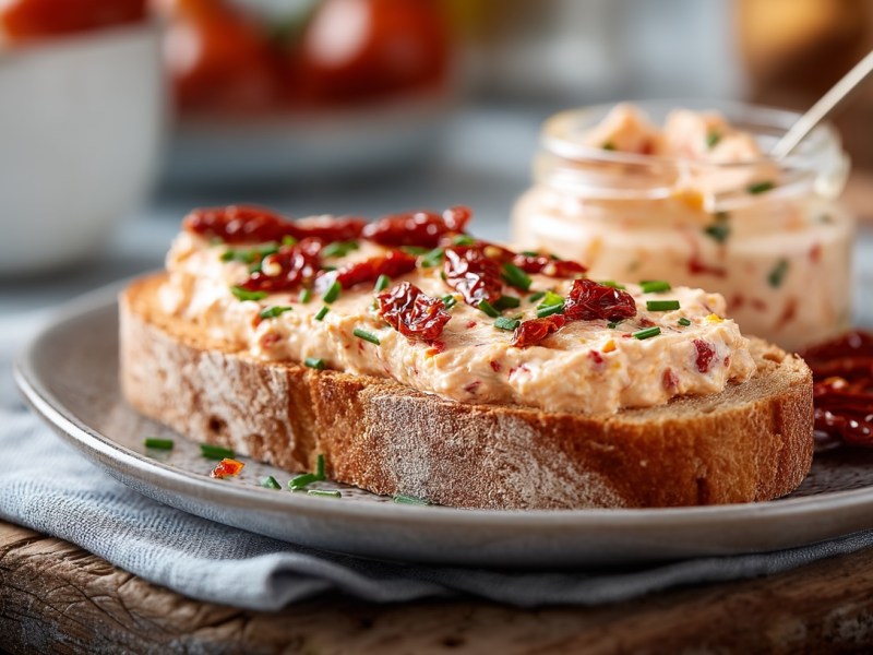 Ein Brot mit Tomate-Mozzarella-Aufstrich auf einem Teller, belegt mit getrockneten Tomaten. Daneben Kräuter, Tomaten und ein Glas mit dem Aufstrich.