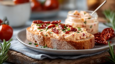 Ein Brot mit Tomate-Mozzarella-Aufstrich auf einem Teller, belegt mit getrockneten Tomaten. Daneben Kräuter, Tomaten und ein Glas mit dem Aufstrich.