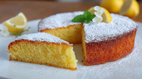Torta Caprese al Limone, von dem bereits ein Stück abgeschnitten wurde.