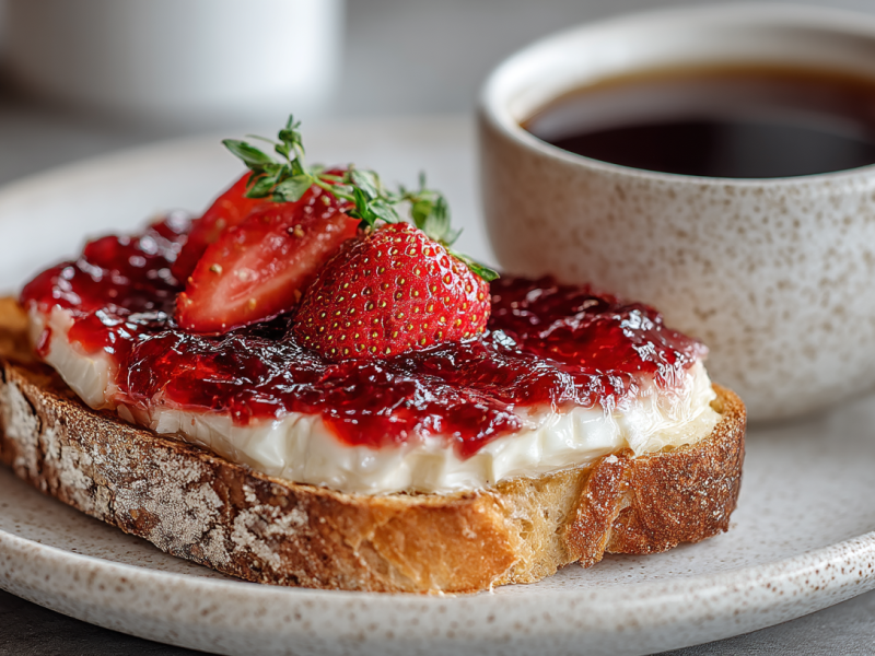 Überbackene Brie-Erdbeer-Toasts auf einem Teller neben einer Kaffeetasse.