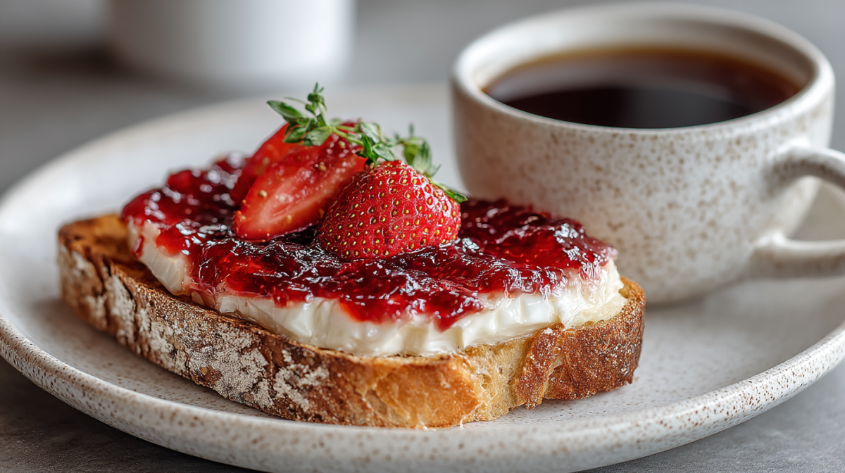 Überbackene Brie-Erdbeer-Toasts auf einem Teller neben einer Kaffeetasse.
