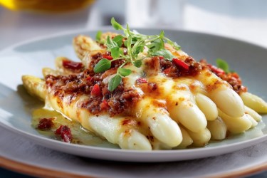 Überbackener Spargel mit Gemüse-Bolognese auf einem Teller.