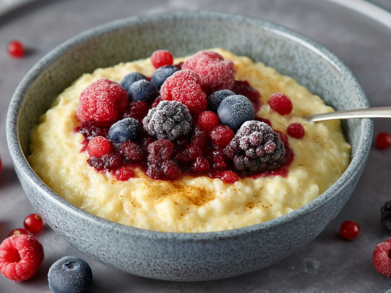 Eine Schale Vanillepudding-Haferflocken auf einem grauen Teller. Die Haferflocken sind mit gefrorenen Beeren angerichtet. Neben der Schale liegen weitere Beeren auf dem Teller verteilt.