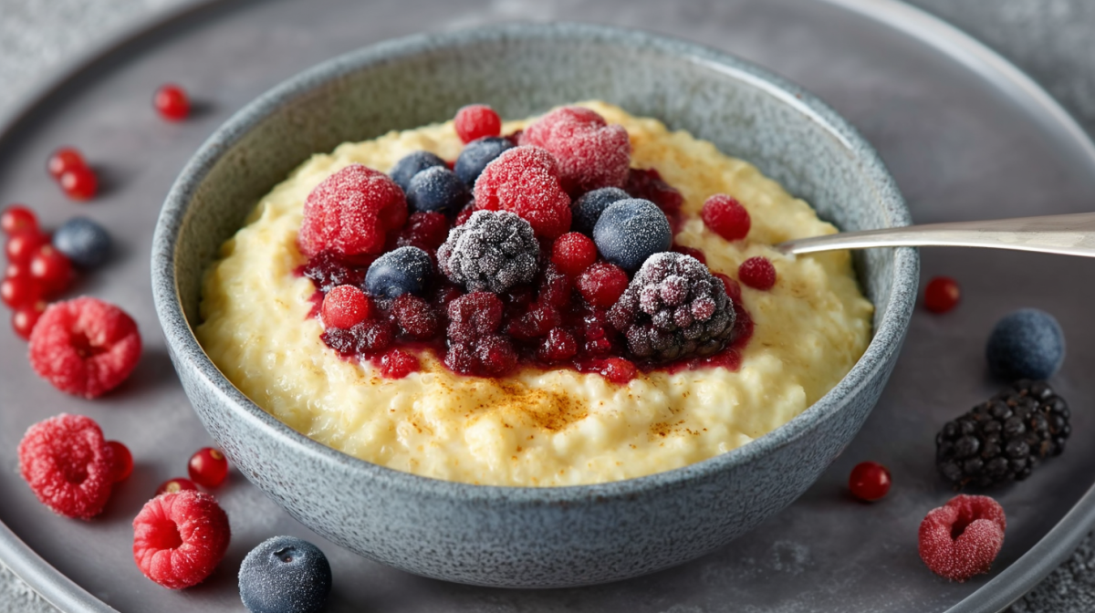 Eine Schale Vanillepudding-Haferflocken auf einem grauen Teller. Die Haferflocken sind mit gefrorenen Beeren angerichtet. Neben der Schale liegen weitere Beeren auf dem Teller verteilt.