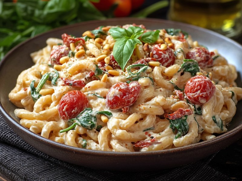 Ein großer Teller mit veganen Nudeln mit Tahini-Soße, Cherrytomaten, getrockneten Tomaten und Spinat. Die Portion ist mit frischen Basilikumblättern und gerösteten Pinienkernen garniert. Im Hintergrund kann man verschiedene Zutaten erahnen. Der Tisch steht auf einem Stofftuch aus einem Holztisch.