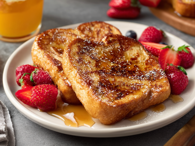 Zwei vegane French-Toasts auf einem weißen Teller, angerichtet mit Ahornsirup und Erdbeeren.
