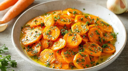 Vichy-Karotten in einer Schüssel, garniert mit Petersilie. Daneben ist eine Schalotte.