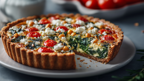 Eine Vollkorn-Quiche auf einem grauen Teller. Sie ist mit Spinat, Tomaten, Kichererbsen und Feta gefüllt. Im Hintergrund sieht man weitere Tomaten.
