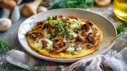 Ein Vollkornpfannkuchen mit Pilzen auf einem hellen Teller. Er ist mit Champignons, Mozzarella und frischen Kräutern belegt. Im Hintergrund sieht man weitere Pilze, Kräuter und etwas Öl. Vor dem Teller liegt Rosmarin sowie ein graues Küchentuch.