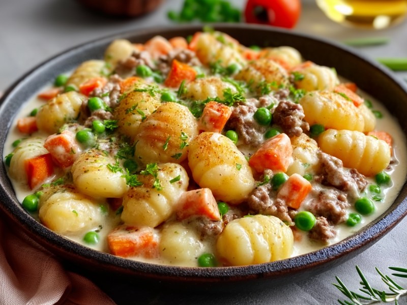Wikinger-Gnocchi in einer schwarzen Schüssel. Sie sind zubereitet mit Karotten, Gnocchi, Hackfleisch und Erbsen. Im Hintergrund sieht man zwei Tomaten sowie eine Flasche Öl. Rechts neben dem Teller liegt ein Rosmarinzweig.