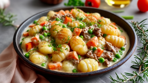 Wikinger-Gnocchi in einer schwarzen Schüssel. Sie sind zubereitet mit Karotten, Gnocchi, Hackfleisch und Erbsen. Im Hintergrund sieht man zwei Tomaten sowie eine Flasche Öl. Rechts neben dem Teller liegt ein Rosmarinzweig.