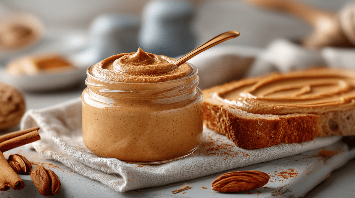 Ein Glas mit Zimt-Mandel-Aufstrich auf einem grauen Küchentuch. Daneben liegt ein Brot mit dem Aufstrich. Um das Tuch herum liegen einige Mandeln sowie Zimtstangen verteilt.