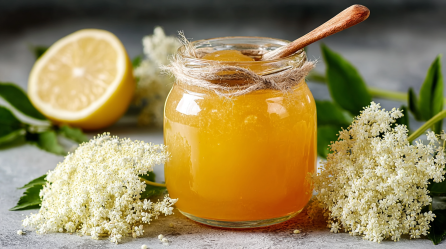 Ein Glas Zitronen-Holunderblüten-Gelee mit einem Holzlöffel darin. Daneben liegen Zitronen und einige Holunderblütendolden.