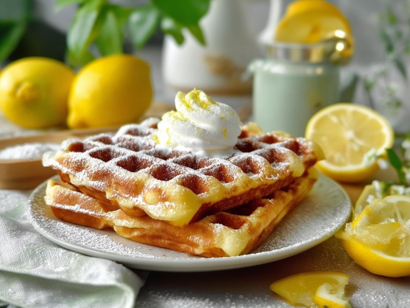 Teller mit Zitronen-Quark-Waffeln und Zitronen daneben