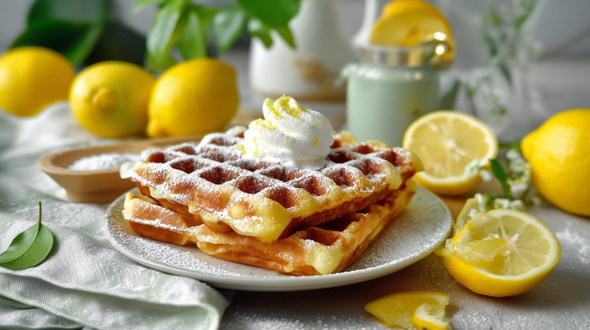 Teller mit Zitronen-Quark-Waffeln und Zitronen daneben