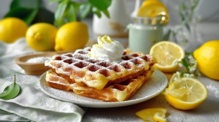 Teller mit Zitronen-Quark-Waffeln und Zitronen daneben
