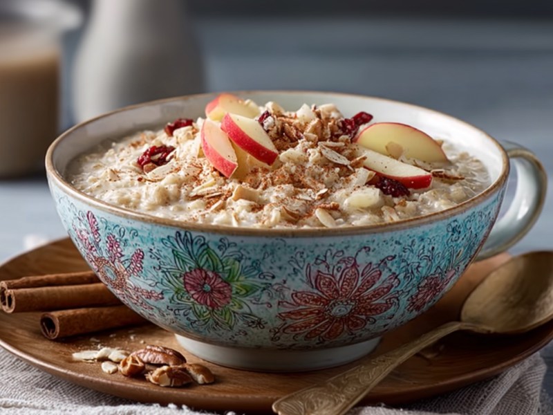Eine Schale Apfel-Nuss-Porridge mit Zimt.