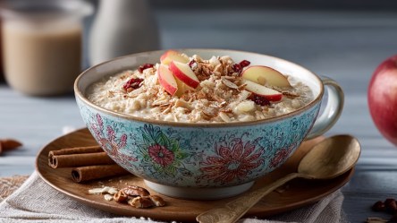 Eine Schale Apfel-Nuss-Porridge mit Zimt.