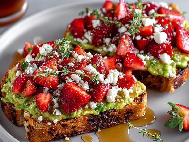 Zwei Avocado-Toasts mit Erdbeeren und Ziegenkäse, die mit frischem Thymian garniert sind. Die Toasts liegen auf einem grauen Teller.