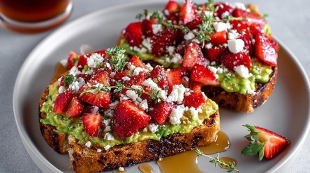 Zwei Avocado-Toasts mit Erdbeeren und Ziegenkäse, die mit frischem Thymian garniert sind. Die Toasts liegen auf einem grauen Teller.