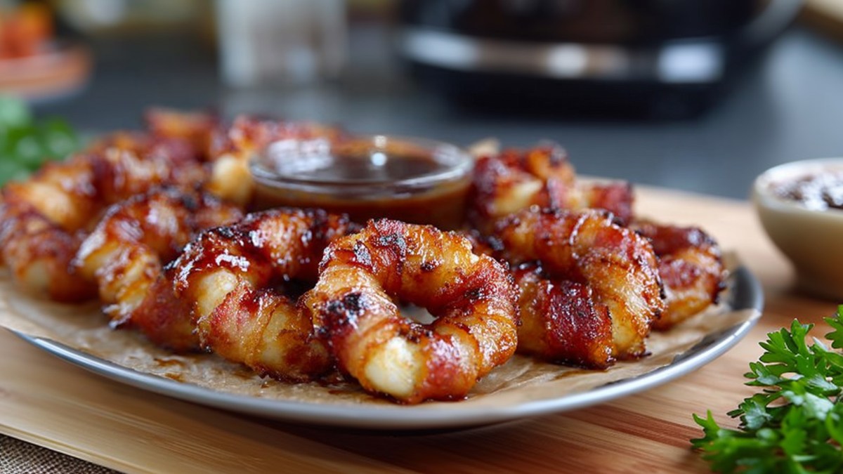 Ein Teller, der mit Backpapier belegt ist und auf dem viele Bacon-Zwiebelringe aus dem Airfryer liegen. In der Mitte der Zwiebelringe steht eine Schale mit einem Dip. Im Hintergrund kann man den Rest der Küche und einen Airfryer erahnen. Der Teller steht auf einem Holzbrett.