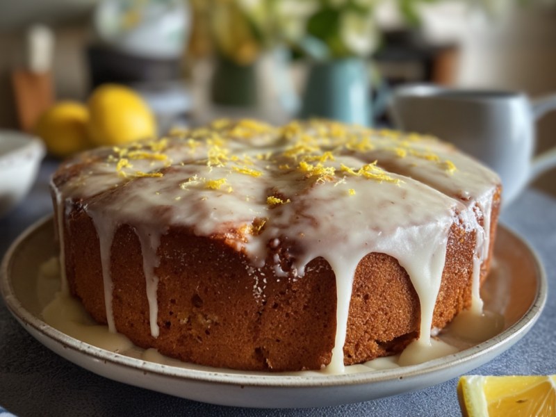 Ein Bananen-Kondensmilchkuchen mit Zitronenglasur.
