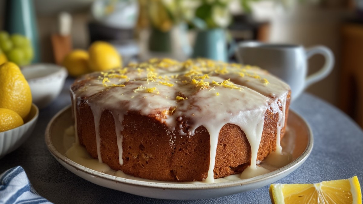 Ein Bananen-Kondensmilchkuchen mit Zitronenglasur.