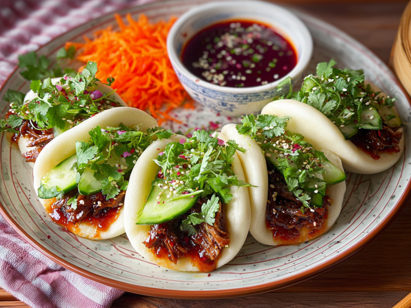 Bao Buns mit Austernpilzen auf einem Teller, daneben ein Dip.