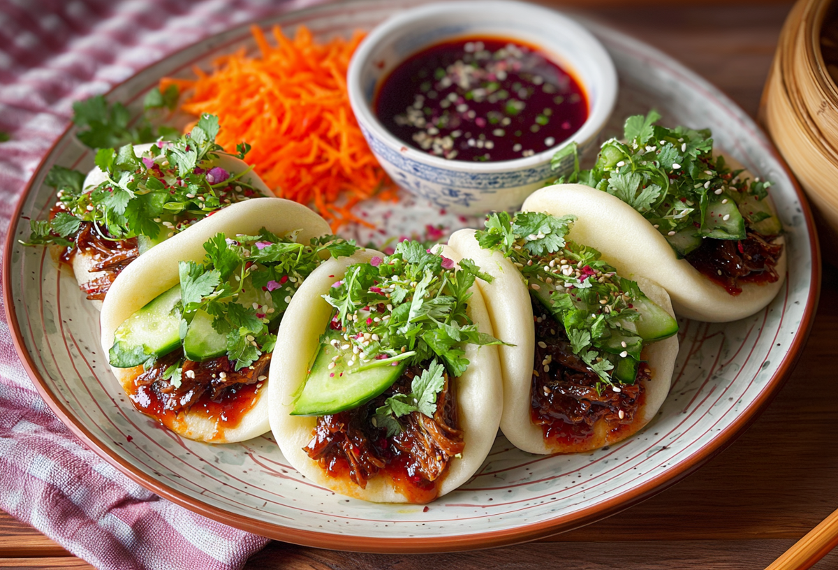Bao Buns mit Austernpilzen auf einem Teller, daneben ein Dip.