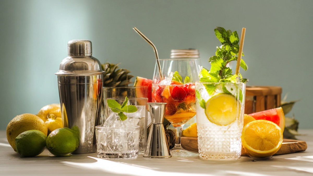 Einige Gläser mit erfrischenden Drinks, ein Cocktailshaker sowie ein Glasgefäß mit Eis. Außerdem sind sehr viele frische Früchte um die Gefäße und Gläser verteilt.