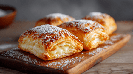 Vier Blätterteig-Puddingtaschen sind zu sehen. Im Hintergrund liegen zwei, im Vordergrund und scharf gestellt liegen zwei auf einem Holzbrett. Sie sind mit Puderzucker garniert.