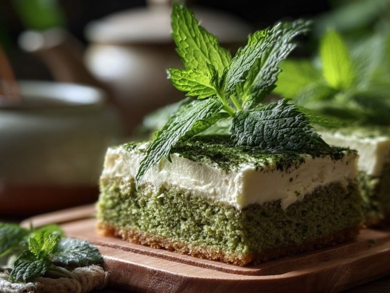 Ein Stück Brennnesselkuchen mit Frischkäsecreme. Brennnesselblätter liegen obendrauf und drumherum.