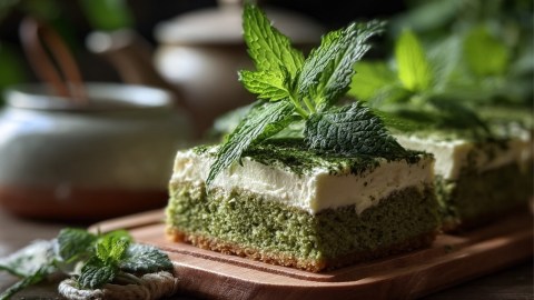 Ein Stück Brennnesselkuchen mit Frischkäsecreme. Brennnesselblätter liegen obendrauf und drumherum.