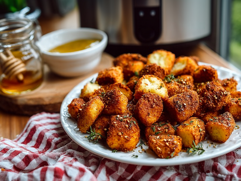 Ein Teller mit Brezel-Snack aus dem Airfryer steht auf einem rot-karierten Handtuch. Im Hintergrund sind ein Airfryer sowie ein Schälchen mit Honig zu sehen.
