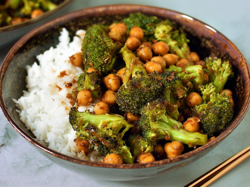 Brokkoli-Pfanne mit Kichererbsen, serviert mit Reis in einer Schüssel.