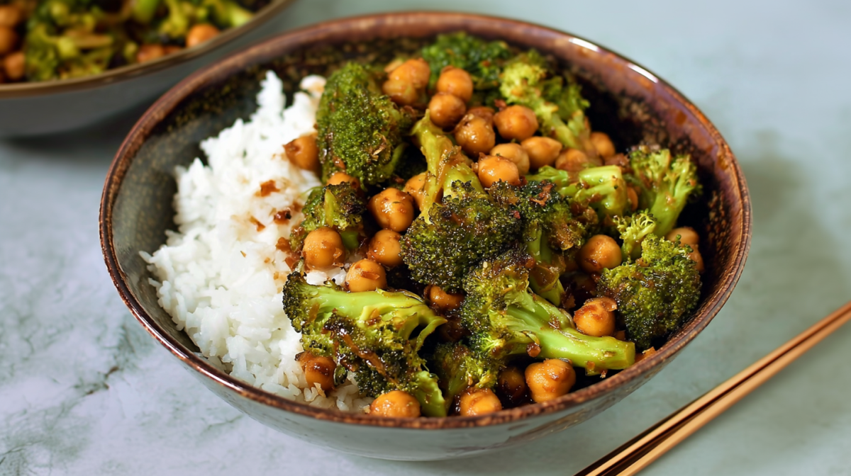 Brokkoli-Pfanne mit Kichererbsen, serviert mit Reis in einer Schüssel.