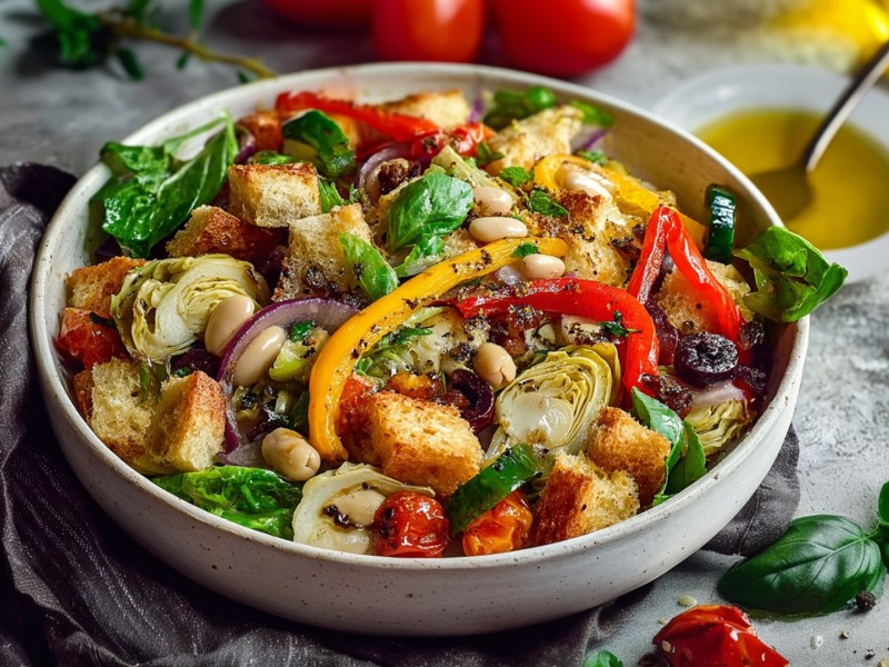 Ein großer Teller Brotsalat mit gerösteter Paprika. Ringsum sind frische Zutaten wie Basilikum und Tomaten zu sehen. Außerdem steht ein Schälchen mit Öl und einem Löffel drin auf der Arbeitsfläche.