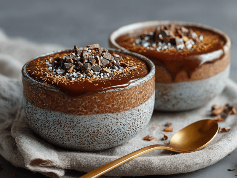 Zwei Schalen Brownie-Overnight-Oats stehen auf einem Küchentuch. Davor liegt ein goldener Löffel.