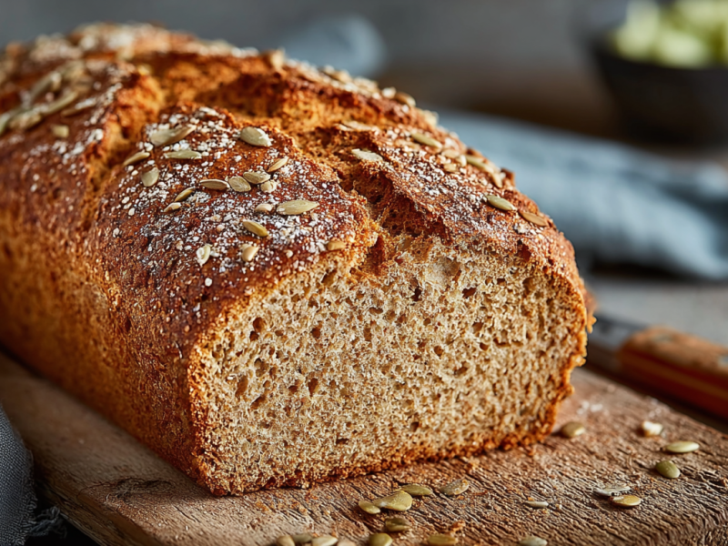 Ein angeschnittener Laib Buchweizen-Joghurt-Brot.