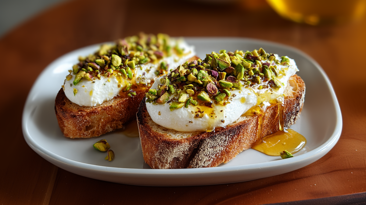 Ein Teller mit zwei Toasts mit Burrata, Pistazien und Honig.