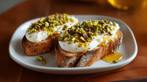 Ein Teller mit zwei Toasts mit Burrata, Pistazien und Honig.